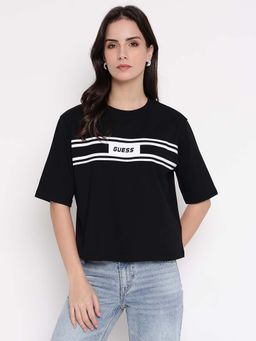 Guess - Women Black Striped Crew Neck T-Shirt