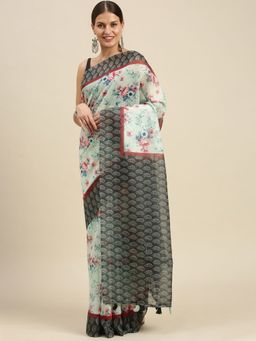 Sangam Prints - Sea Green Cotton Blend Printed Traditional Tassle Saree with Unstitched Blouse