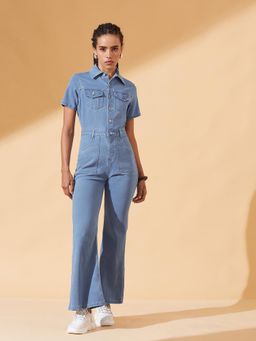 DOLCE CRUDO - Women Light Blue Solid Regular Stretchable Denim Jumpsuit