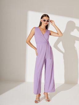 Miss Chase - Women Lavender V-Neck Sleeveless Solid Wrap Jumpsuit