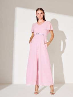 Miss Chase - Women Light Pink Georgette V-Neck Sequined Jumpsuit