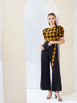 Miss Chase - Women's Black & Mustard Round Neck Wide-leg Regular Length Jumpsuit