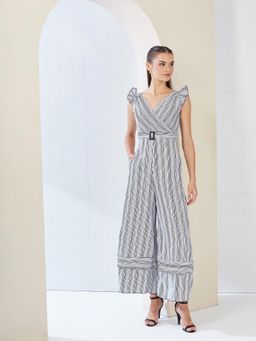 Miss Chase - Women Black and White Striped V-Neck Wrap Relaxed Fit Jumpsuit