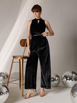 Miss Chase - Women Black Sleeveless Solid Velvet Jumpsuit