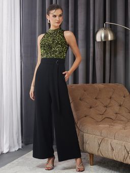 Miss Chase - Women Black and Green Halter Neck Sleeveless Embellished Jumpsuit