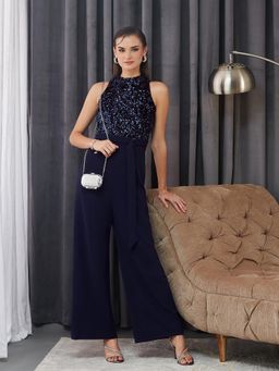 Miss Chase - Women Navy Blue Halter Neck Sleeveless Embellished Jumpsuit