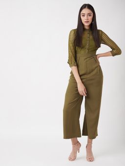 Miss Chase - Olive Green Round Neck Geometric Lace Regular Length Jumpsuit