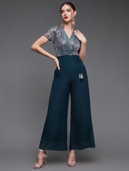 Miss Chase - Women Teal Embellished Wrap-Styled Georgette Jumpsuit
