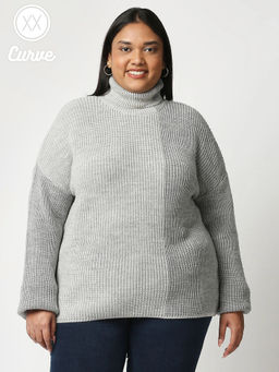 Twenty Dresses by Nykaa Fashion - Curve Grey Solid Turtle Neck Full Sleeves Sweater