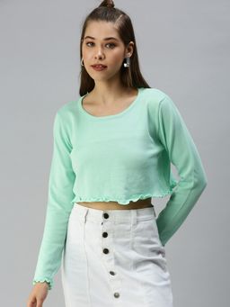 SHOWOFFFF - Women Round Neck Solid Green Crop Top