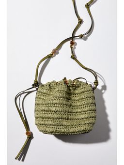 H&M - Women Green Bead-Detail Straw Crossbody Bag