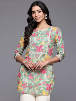 Ahalyaa - Floral Printed Pure Cotton Green Tunic