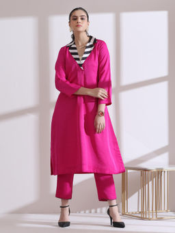 Swtantra - Prf'T Lux Pink Fuchsia Striped Notched Lapel Collar Kurta