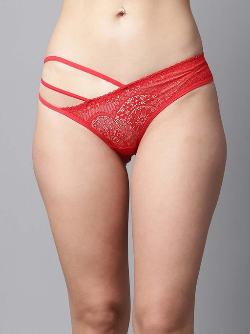 PrettyCat Women Red Low Waist Sexy Bikini Panty with Cage Detailing - Lace