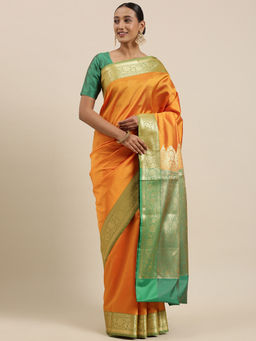 Banarasi Silk Works - Orange Valkalam Katan Silk Anchal Saree with Unstitched Blouse