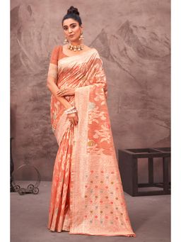 Sangam Prints - Peach Cotton Silk Woven Zari Work Traditional Saree with Unstitched Blouse