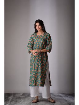 DIMPLE DESIGN STUDIO - Teal Beige Straight Kurta