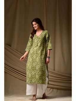 DIMPLE DESIGN STUDIO - Olive Kantha Straight Kurta