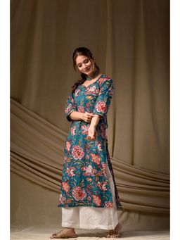 DIMPLE DESIGN STUDIO - Teal Floral Straight Kurta