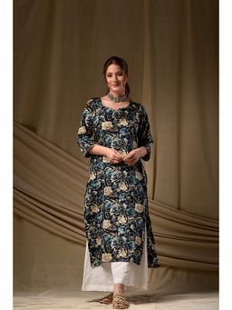 DIMPLE DESIGN STUDIO - Navy Glaze Floral Straight Kurta