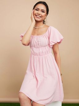 Styli - Pink Short Volume Sleeves Gathered Detail A-line Mini Dress