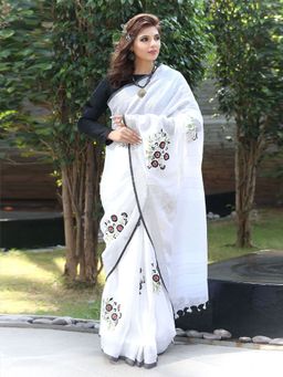 Beatitude - White Handwoven Linen Embroidered Saree Unstitched Blouse