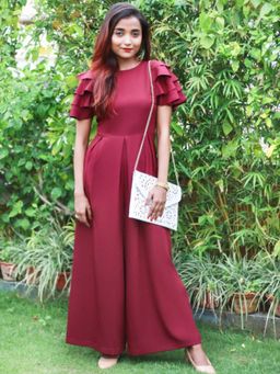 Uptownie - Maroon Solid Crepe Full Length Jumpsuit