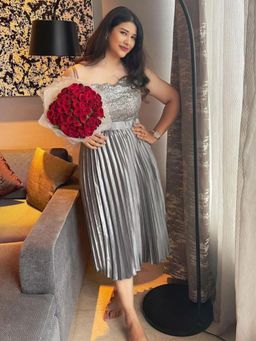 Uptownie - Women Satin Pleated Pleated Midi Skirt Grey