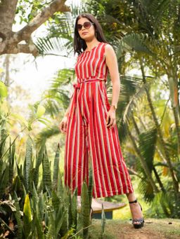 Uptownie - Red Crepe Striped Sleeveless Jumpsuit