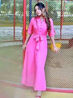 Uptownie - Women Crepe Solid Button Down Shirt Midi Dress with Belt - Pink