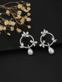 Carlton London - Silver & White Toned CZ Studded with Pearl Drop Earring