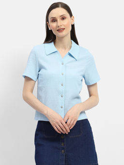 Madame - Sky Blue Textured Half Sleeves Shirt