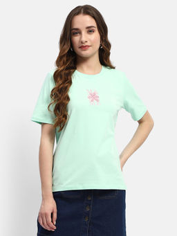 Madame - Mint Green Embroidered Regular Round Neck T-Shirt