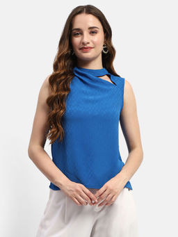 Madame - Royal Blue Self Design High Neck Top
