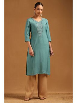 Soch - Womens Teal Blue Muslin Embroidered Kurta With Cutdana
