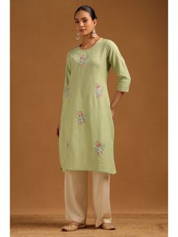 Soch - Womens Green Pure Cotton Floral Embroidered Kurta