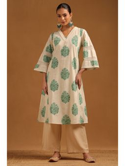 Soch - Womens Teal Pure Cotton Floral Printed Lace Insert Kurta