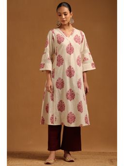Soch - Womens Pink Pure Cotton FLoral Printed Lace Insert Kurta