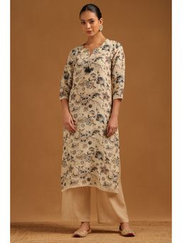 Soch - Womens Beige Linen FLoral Kurta With Tassels