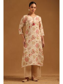 Soch - Womens Beige Linen FLoral Kurta With Tassels