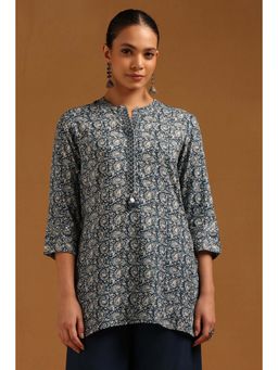 Soch - Womens Blue Rayon Paisley Printed Tunic With Faux Mirror