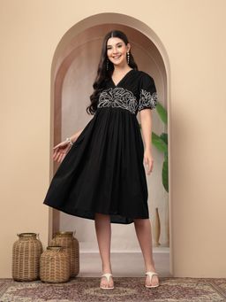 Stylum - Women's Black Solid Cotton Flared Dress