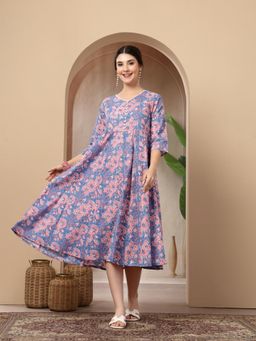 Stylum - Women's Blue Floral Printed Cotton Flared Dress
