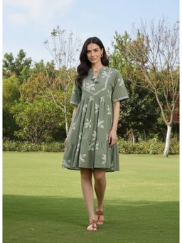 Stylum - Women's Green Floral Printed and Embroidered Cotton Flared Dress