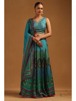 Soch - Teal Blue Russian Silk Chevrons Lehenga Choli with Dupatta and Unstitched Sleeves