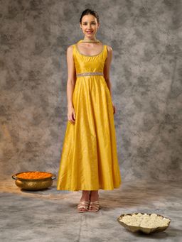 Silver Lime - Foil Printed Long Anarkali Kurta with Dupatta