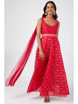 Silver Lime - Foil Printed Long Anarkali Kurta with Dupatta