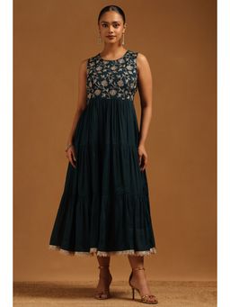 Soch - Womens Teal Chanderi Floral Dress With Zari