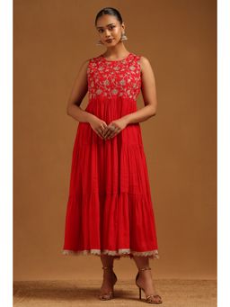 Soch - Womens Red Chanderi Floral Dress With Zari