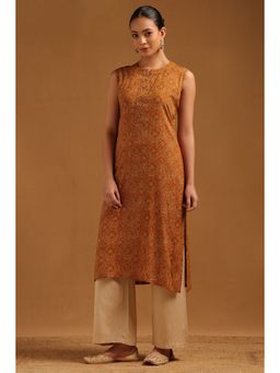 Soch - Womens Mustard Rayon Ethnic Motifs Kurta with unstitched sleeves